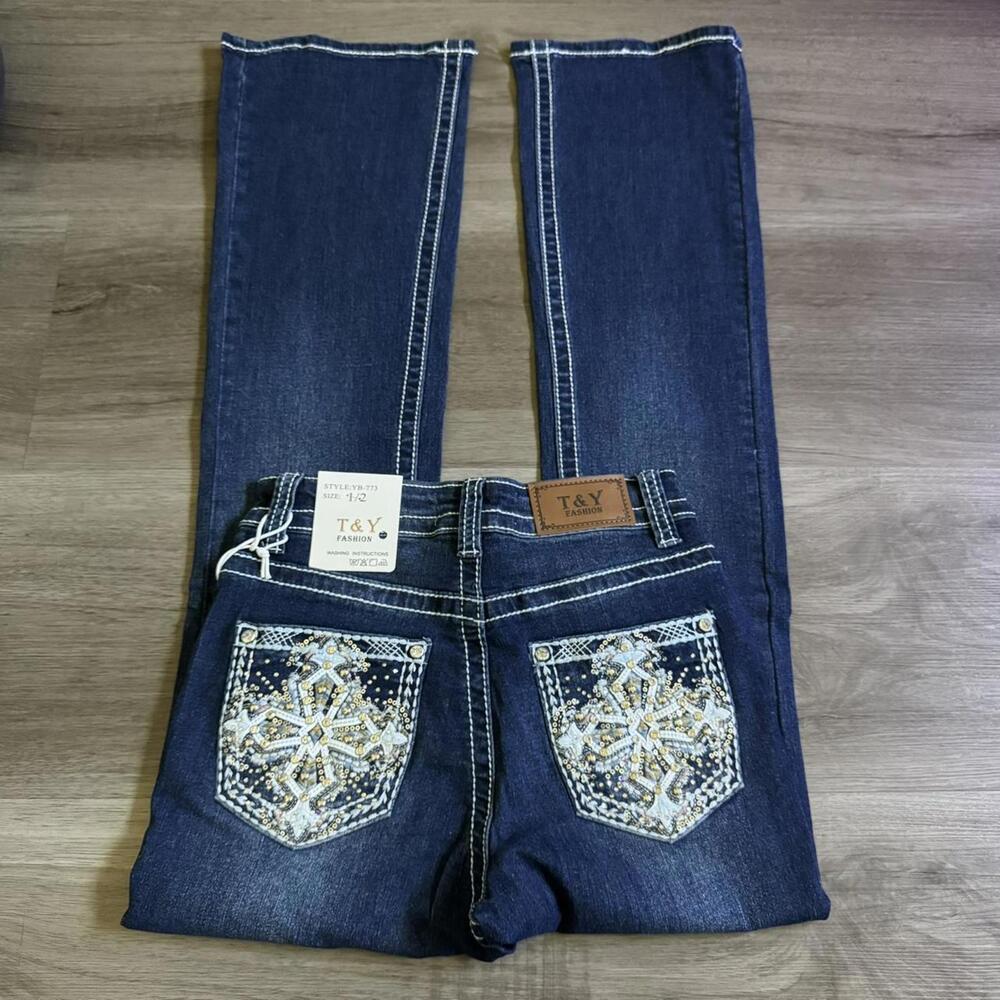 ੈ✩‧₊˚y2k style dark wash embroidered rhinestone pocket midrise bootcut jeans - Picture 1 of 7